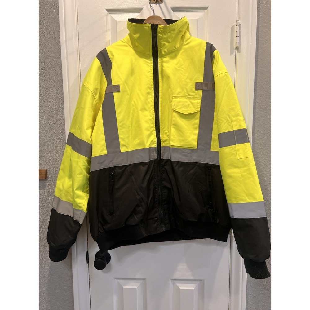 Radians Class 3 Hi-Vis Green Bomber Safety Jacket Hooded 2-in-1 Fleece Liner 2X